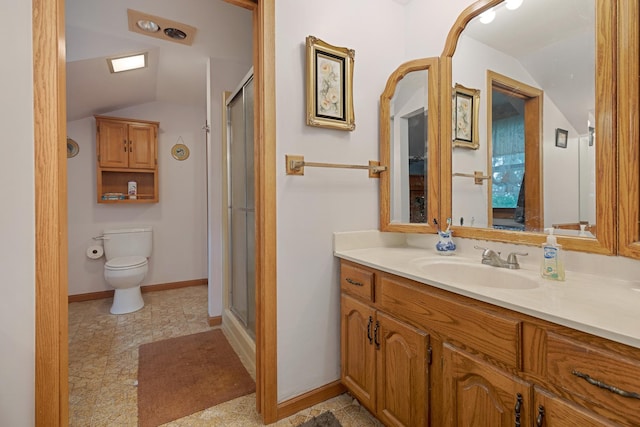 bathroom with a shower with shower door, toilet, lofted ceiling, and vanity