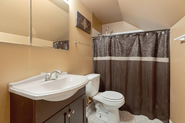 bathroom with tile patterned floors, vanity, toilet, curtained shower, and lofted ceiling