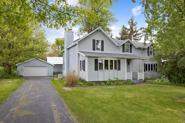 view of front property with a garage, an outdoor structure, and a front lawn