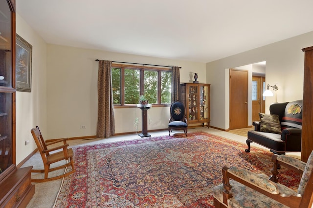 living room featuring light carpet