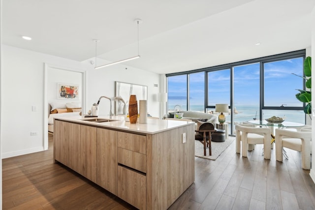 kitchen with dark wood-type flooring, a water view, sink, an island with sink, and light brown cabinetry