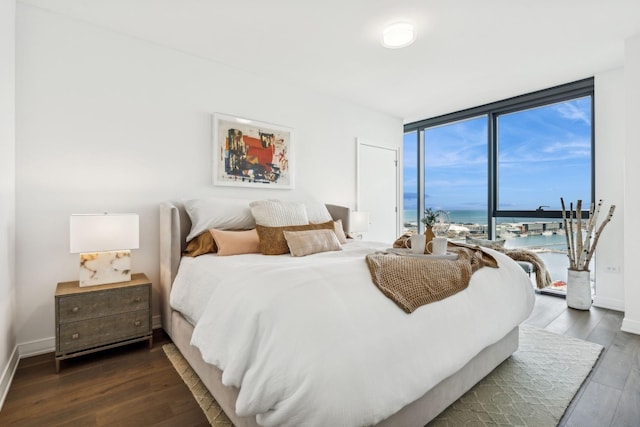 bedroom featuring dark hardwood / wood-style flooring, expansive windows, and a water view