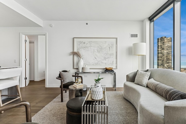 living room featuring dark hardwood / wood-style flooring and a healthy amount of sunlight