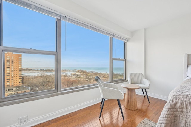 sunroom featuring a water view