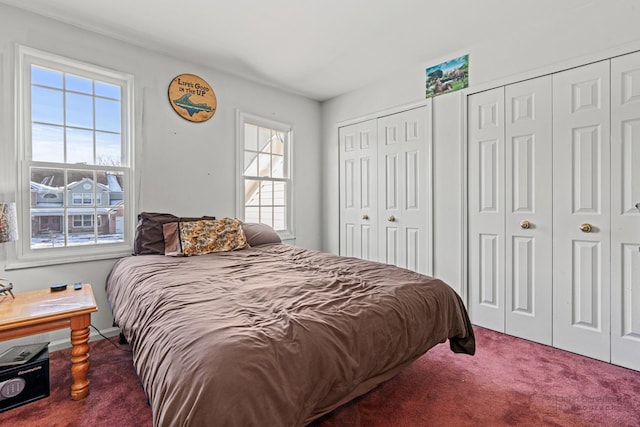 carpeted bedroom featuring multiple windows and two closets