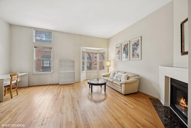 living room with light hardwood / wood-style flooring and a high end fireplace