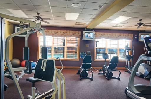 gym featuring a drop ceiling, a healthy amount of sunlight, and ceiling fan