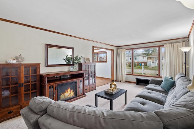 living room featuring light colored carpet and ornamental molding