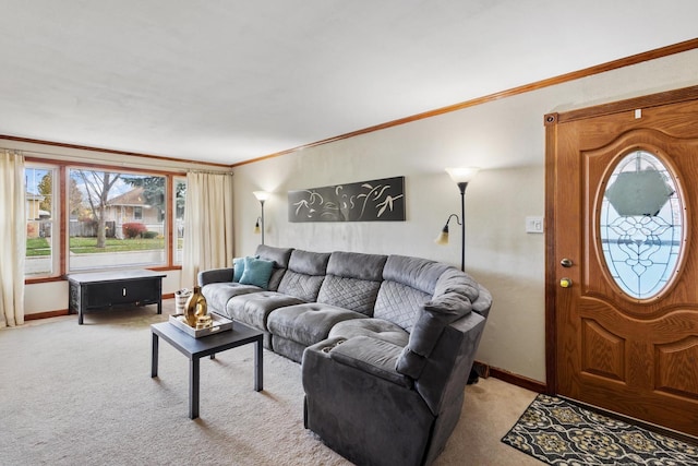 living room featuring light carpet and crown molding