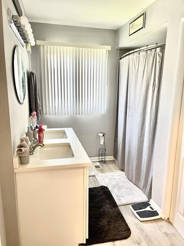 bathroom featuring vanity and wood-type flooring