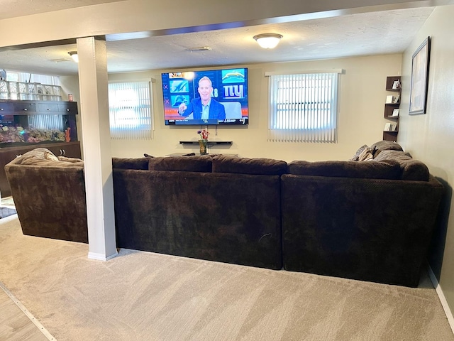 living room featuring carpet floors and a textured ceiling