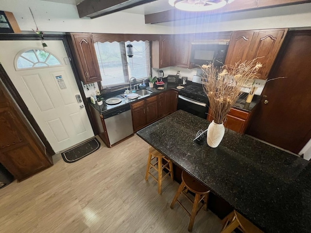 kitchen with beam ceiling, sink, dishwasher, black / electric stove, and light wood-type flooring