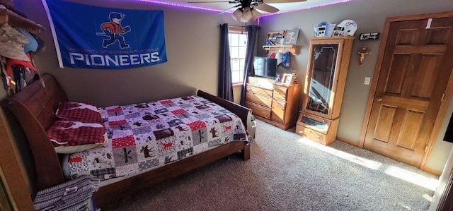 bedroom featuring carpet flooring and ceiling fan