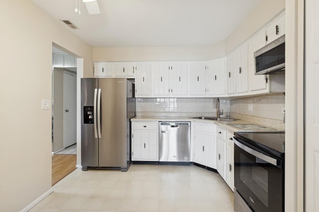 kitchen featuring decorative backsplash, white cabinetry, sink, and stainless steel appliances