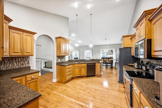 kitchen with backsplash, stainless steel appliances, sink, a high ceiling, and hanging light fixtures