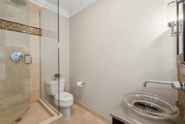 full bathroom with crown molding, toilet, a stall shower, baseboards, and tile patterned floors