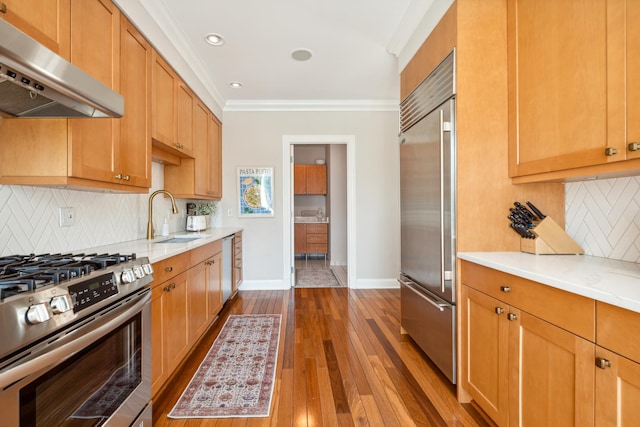 kitchen with appliances with stainless steel finishes, dark wood-style flooring, crown molding, under cabinet range hood, and a sink