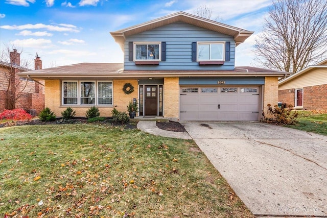 view of property with a garage and a front yard