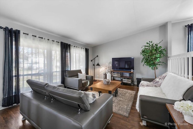 living room featuring vaulted ceiling and dark wood-type flooring