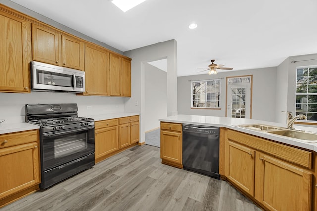 kitchen featuring ceiling fan, sink, black appliances, and light hardwood / wood-style floors