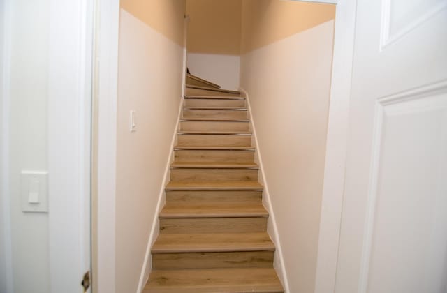 stairs featuring hardwood / wood-style flooring