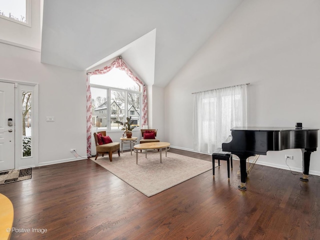 sitting room featuring plenty of natural light, dark hardwood / wood-style flooring, and a towering ceiling