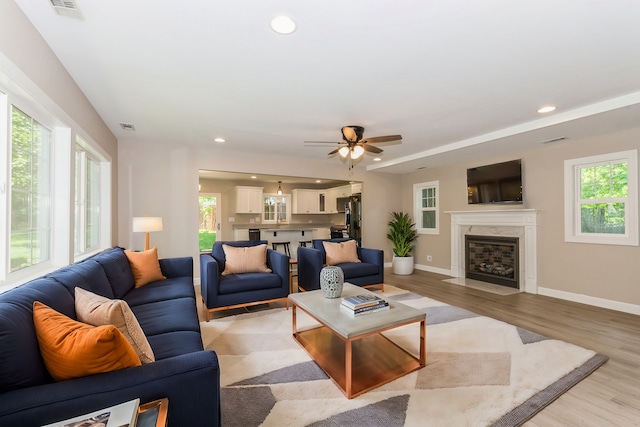 living room featuring plenty of natural light, light wood-type flooring, and a premium fireplace