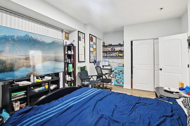 bedroom with wood-type flooring and a closet