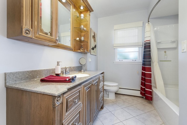 full bathroom with a baseboard radiator, tile patterned floors, shower / tub combo with curtain, toilet, and vanity