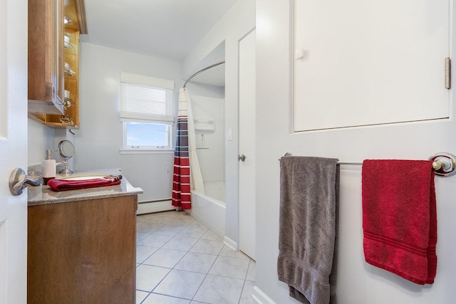 bathroom featuring tile patterned flooring, a baseboard heating unit, vanity, and shower / bath combination with curtain