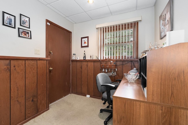 office area featuring light carpet and a drop ceiling