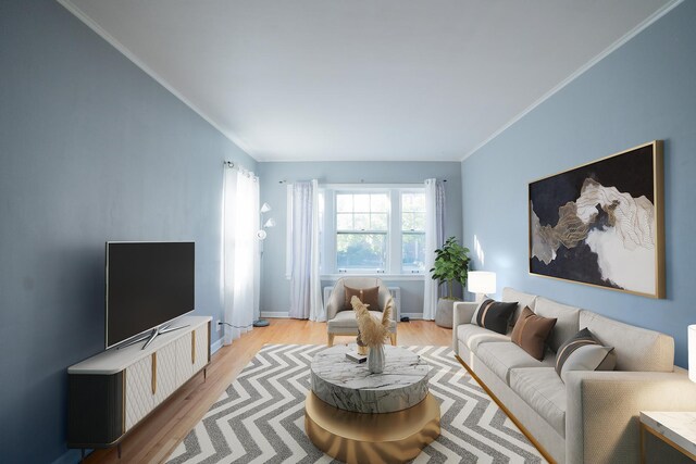 spare room featuring radiator, crown molding, and light hardwood / wood-style flooring