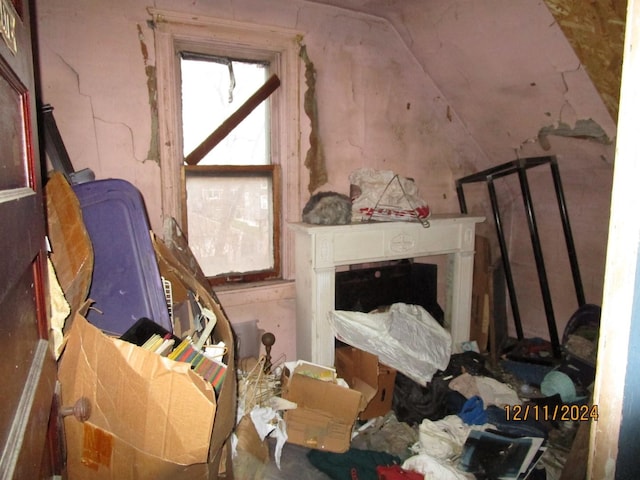 miscellaneous room featuring lofted ceiling