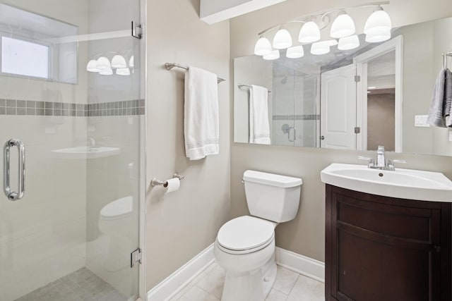 full bath featuring tile patterned flooring, a shower stall, toilet, and vanity