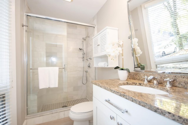 bathroom with vanity, toilet, and walk in shower