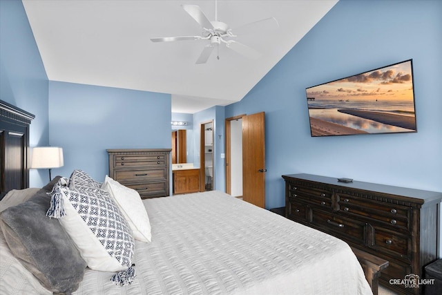 bedroom with connected bathroom, vaulted ceiling, and ceiling fan