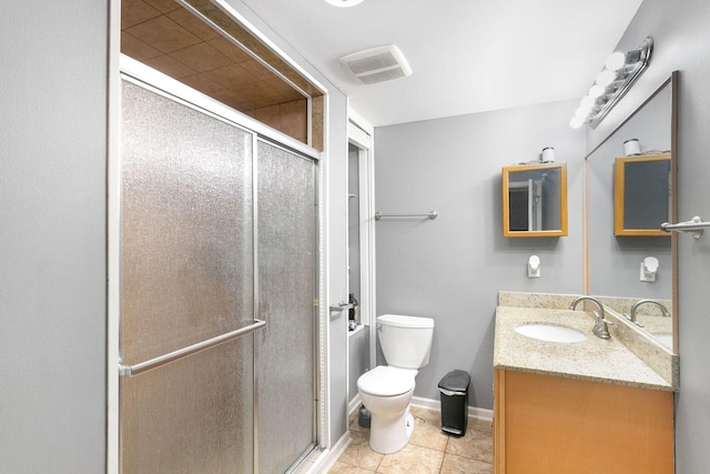 bathroom featuring tile patterned flooring, vanity, a shower with door, and toilet