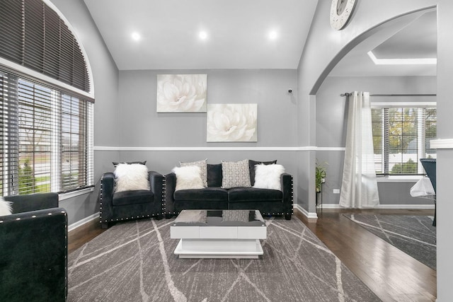 living room with plenty of natural light, lofted ceiling, and dark wood-type flooring