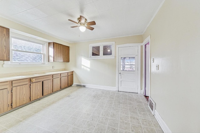 kitchen featuring ornamental molding, ceiling fan, and a healthy amount of sunlight