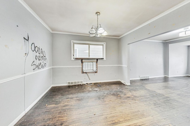 unfurnished dining area with dark hardwood / wood-style flooring, a notable chandelier, and ornamental molding