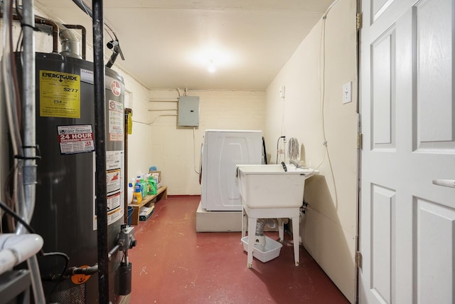 interior space with gas water heater and electric panel