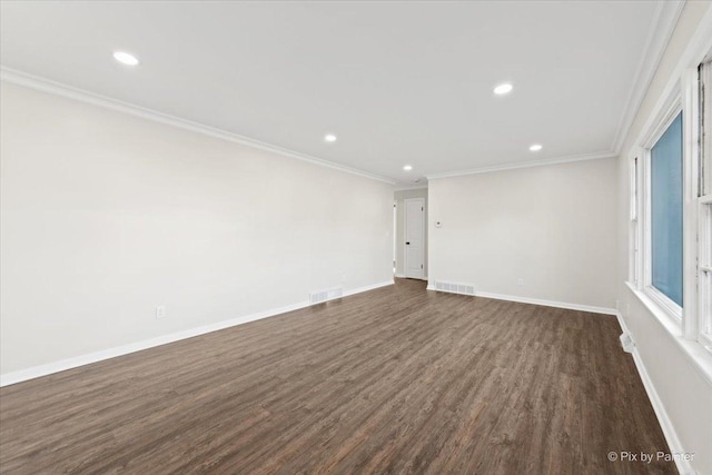 unfurnished room with dark hardwood / wood-style floors and ornamental molding