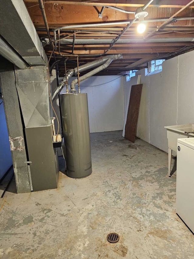 basement with heating unit and water heater