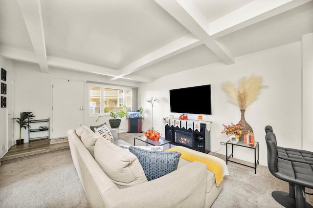 carpeted living room featuring beamed ceiling and coffered ceiling