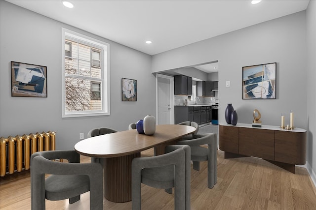 dining space featuring sink, radiator, and light hardwood / wood-style flooring