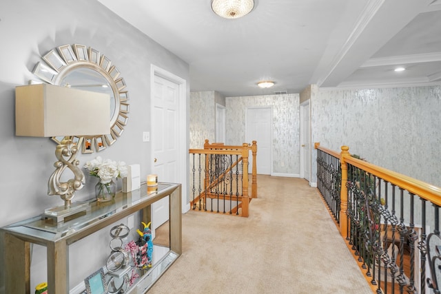 corridor with beamed ceiling and light colored carpet