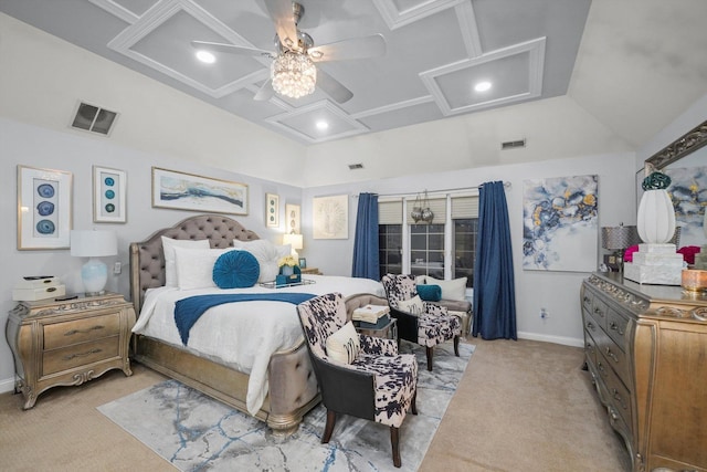 bedroom featuring ceiling fan and light colored carpet