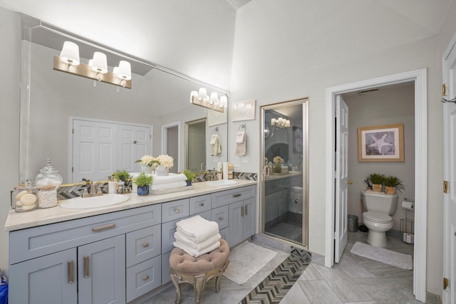 bathroom with vanity, an enclosed shower, and toilet