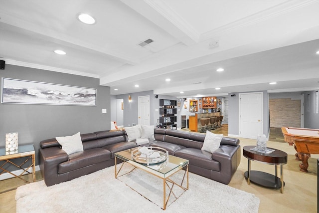 living room with beamed ceiling, billiards, crown molding, and bar