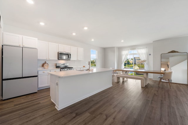 kitchen with appliances with stainless steel finishes, dark hardwood / wood-style flooring, sink, white cabinets, and an island with sink